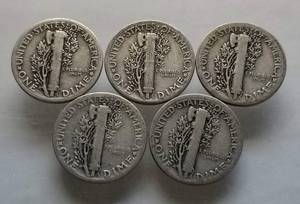 GROUP OF 5 US MERCURY SILVER DIMES
