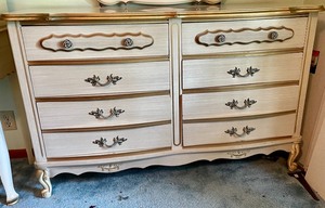 lot 127 image: Vintage French Provincial White Dresser & Mirror with Gold Accents
