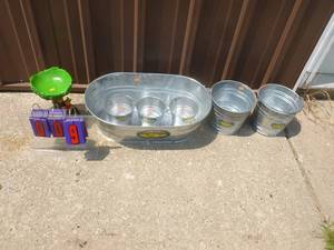 Outdoor galvanized pails & planter. New condition. As shown.