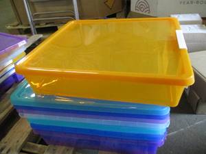 lot 107 image: 5 Colored Plastic Storage Bins with...