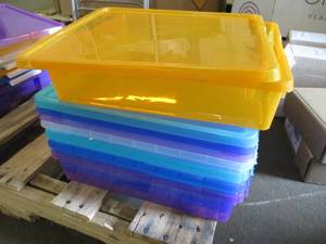lot 108 image: 5 Colored Plastic Storage Bins with...