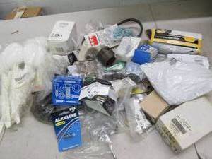 lot 136 image: box of clamps, nuts, belt, liquid l...