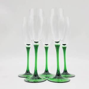lot 27 image: Set of 5 Vintage Luminarc Domino Signature Green and Clear Champagne Glasses