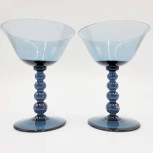 lot 28 image: Set of 2 Vintage 1970s Candlewick Blue (Ultra) Champagne Tall Sherbet Glasses with Bead Stems ($100 Value)