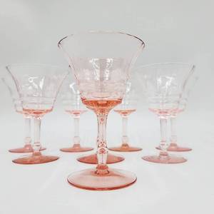 lot 30 image: 8 Vintage Pink Despression Glass Goblets ($150 Value)