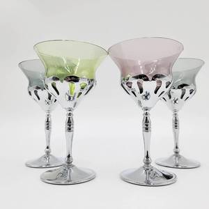 lot 31 image: Set of 4 Vintage 1940s Art Deco Farberware Chrome and Pastel Morgantown Lead Glass Wine Glasses ($85 Value)