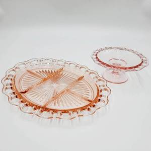 lot 34 image: Antique 1930s Pink Anchor Hocking Depression Glass Serving Pieces-Relish Tray & Lace Edged Footed Bowl ($150 Value)