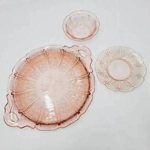 lot 36 image: Antique 1930s Jeannette Cherry Blossom 3 Piece Pink Depression Glass Serving Set ($150 Value)