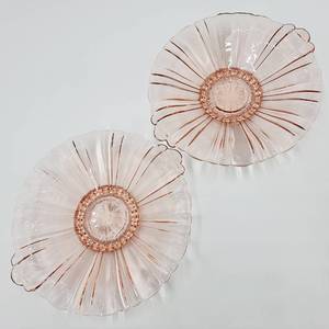 lot 37 image: Two  Antique 1930s Anchor Hocking Pink Old Cafe Depression Glass Mint Dish ($75 Value)