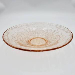 lot 41 image: Antique 1930s Etched Pink Madrid Depression Glass Cake Plate by Federal Glass ($50 Value)
