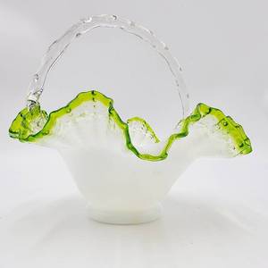 lot 57 image: Vintage 1948 Fenton Emerald Crest White Milk Glass Basket with Green Accent