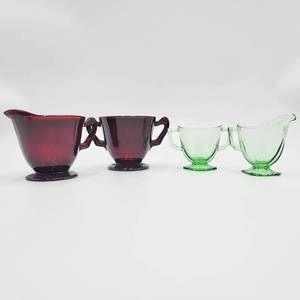 lot 59 image: Antique 1930s Depression Glass Creamer and Sugar Collection-Fostoria Mayfair Uranium Green and Anchor Hocking Royal Ruby ($80 Value)
