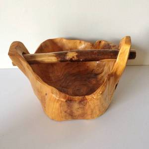 RARE VINTAGE HANDCRAFTED 10 BURLWOOD BOWL BASKET WITH HANDLE - GREAT CONDITION