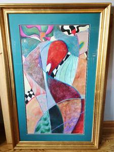 WOW #2 1970s MCM Retro Chic Large 42x27 Signed Contemporary Abstract Art Piece With Gold Custom Frame&nbsp- Removed From A Very Large Wayzata Estate - Great Condition