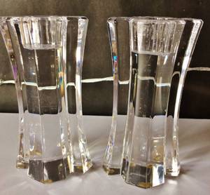 Lovely Rare Vintage Pair Signed Etched&nbspOrrefors Crystal Candle Holders Forsythia by Lars Hellsten Made in Sweden 5 18 Tall Great Condition