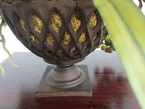 Beautiful Harvest Floral &amp Faux Fruit Arrangement With An Artistic, Rare &amp Splendid Vintage Woven Cast Iron Pedestal Vase - Great Condition