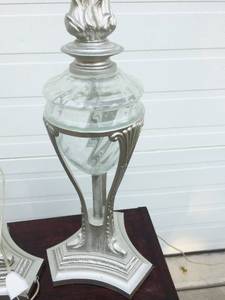 Beautiful Pair Vintage Silver &amp Glass Hollywood Regency Torch Trophy Lamps - Great Condition