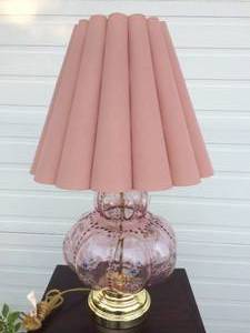 Beautiful Mid Century Falkenstein Cinderella Pink Floral Hand Painted Flowers Melon Bubble Carnival&nbspGlass Table Lamp With Original Sculpted Pink Shade - Great Condition - Shade Has A Small Dent On Backside