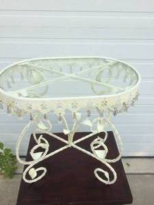 oooo I Love This Enchanting Shabby Glitsy Chic Distressed Painted White Glass &amp Wrought Iron Small Vines Table With Hanging Crystals - Simply Divine