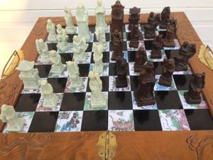 Vintage Chinese Asian Oriental Chess Set With Handcarved Soapstone Pieces, Ornately Carved Dragon Case &amp Chinese Scenes Inlaid Painted Tiles - Vintage Condition - A Couple Figures Missing...They Can Be Replaced Online