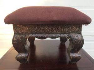 Antique Unusual Small Foot Rest Foot Stool With Hammer Raised Relief Embellished Metal Floral Design - Great Condition For Age