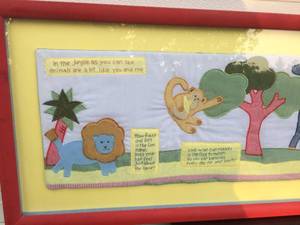 Adorable Hand Made Jungle Quilt In Glass Picture Frame - Great Condition