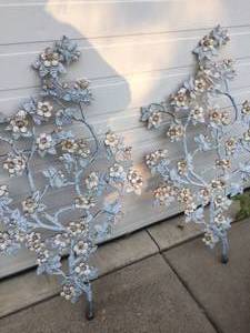 Beautiful Vintage Pair MCM Burwood Syroco Style Cherry Blossom Dogwood 4208 Handpainted Blue &amp White Gold Base Wall Decor Hanging Art Large 41x23Each - Used For Outdoor Wedding - Asian Garden Art