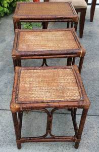 WOW 3 Fantastic &amp Antique Tortoise Shell Burnt Bamboo Rattan Stacking Nesting Tables - Very Rare Woven Wicker Seagrass On Top Of Each - Great Condition WMinor Amount Of MissingLoose Bindings For Age&nbspEnglish &amp Boho Chic Style Combined