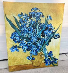 Strikingly Beautiful Very Large Art Canvas Print With Lovely Dramatic Blue Flowers &amp Sunburst Yellow Background&nbsp Simply Stunning For Rooms Focal Point&nbsp Excellent Condition