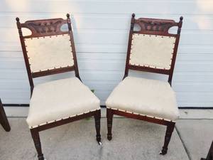 Beautiful Pair Of Antique East Lake Hand Carved Chairs On Casters - Fabric Is Lovely No Stains However Seems To Be Loosening In Areas Perhaps Ran Out Of Brass Studs&nbsp Wood Is Gorgeous Condition