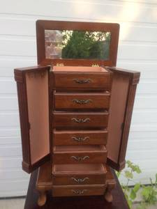 Vintage Large &amp Tall Wood Jewelry Cabinet With Flip Up Top &amp Mirror Plus 5 Drawers &amp 2 Side Doors To Hold Necklaces - Great Condition