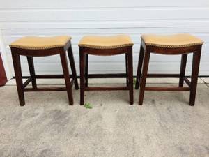 3 Trio Of Vintage Table Height Wood &amp Tan Leather Stools With Brass Studs - Great Condition - Minor Wear &amp Tear From Use&nbsp See Pics
