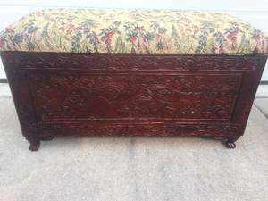 WOW Vintage Beautiful Asian Cushioned Storage Bench With Hand Carved Rosewood Birds &amp Flowers Base &amp Claw Feet - Super Nice Condition For Age&nbsp No Stains To Fabric Either&nbsp I Want This