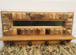 WOW Gorgeous Rustic Handcrafted Knotty Pine Mirrored Wall Coat Hat Rack With Shelf &amp Railroad Ties Used For Hanging Things From - Excellent Condition