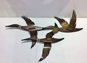 Vintage 1960s Retro Set Of 3 Masketeers Flying Geese Duck Mid-Century Wood &amp Brass Wall Art&nbspSculptures - Great Condition - These Just Sold Online For $185