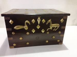 Unusual &amp Interesting Vintage Treasure Storage Chest Perhaps East Indian Or African Handcrafted Wood &amp Hammered Attached Brass Adorned Piece - Great Condition For Age...Missing A Few Brass Pieces