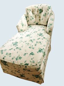 MSRP $3000 High Quality Cox Furniture Custom Made Lovely Green Ivy With Cream Background Chaise Lounge Chair WTufted Pillow - Ivy Is More The Color Of Grass &amp Fabric Has A Sheen To It - Very Excellent Condition - Looks Like It Was Never Laid Upon