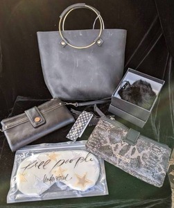 lot 239 image: Grey Lot Handbag, (2) Wristlets, Eye Mask, Expressions NYC Luxury Purse Charm