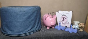 lot 222 image: Princess Piggybank, Princess Trash Bin, Small Foot Stool, & More