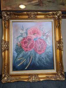 lot 342 image: Original Oil Painting by Judy, Pink & Red Poppies in Elegant Frame