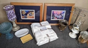 lot 348 image: Bathroom Lot New Shower Curtain, Framed Tropical Prints, Candle Holders, Soap Dish, & More