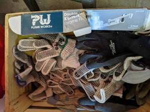 lot 358 image: Lot of Work Gloves, Plumb Works Double Handle Chrome Kitchen Faucet, & Misc. Items