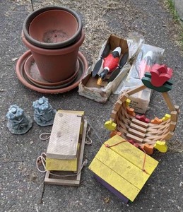 lot 360 image: Set of (2) Whirly Birds Garden Spinners, Bird Feeders, Wooden Basket, Pots, & Lawn Decorations