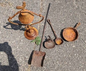 lot 363 image: Cast Iron Lot Chicken Bell, Pans, Lead Melting Ladle, & More