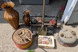 lot 364 image: Great Mixed Lot Gas Cans, Vintage Antique IT wood finishing system, Military Shovel