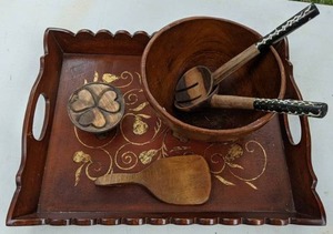 lot 248 image: Wonderful Wooden Set Serving Tray, Salad Bowl w Spoons, & More