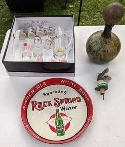 lot 198 image: Misc. Lot of Vintage Dcor Rock Springs Sparking Water Tray, Shot Glasses, & More