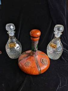 lot 286 image: Leather Decanter and Princess House Crystal Decanters with Liquor Tags