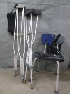 lot 6 image: SHOWER  CHAIR  CRUTCHES PLUS MORE