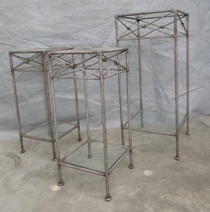 lot 15 image: 3 HEAVY METAL GLASS PLANT STANDS